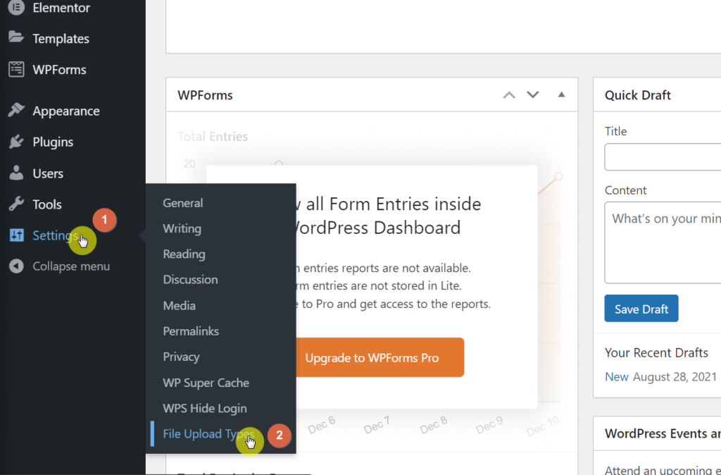 Hover your mouse over the settings ink and click on the file upload types option