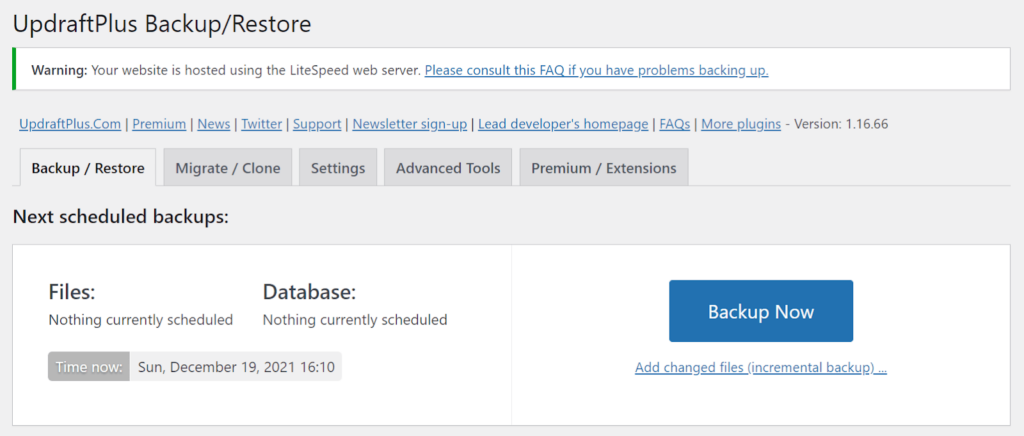 Backup now with UpdraftPlus