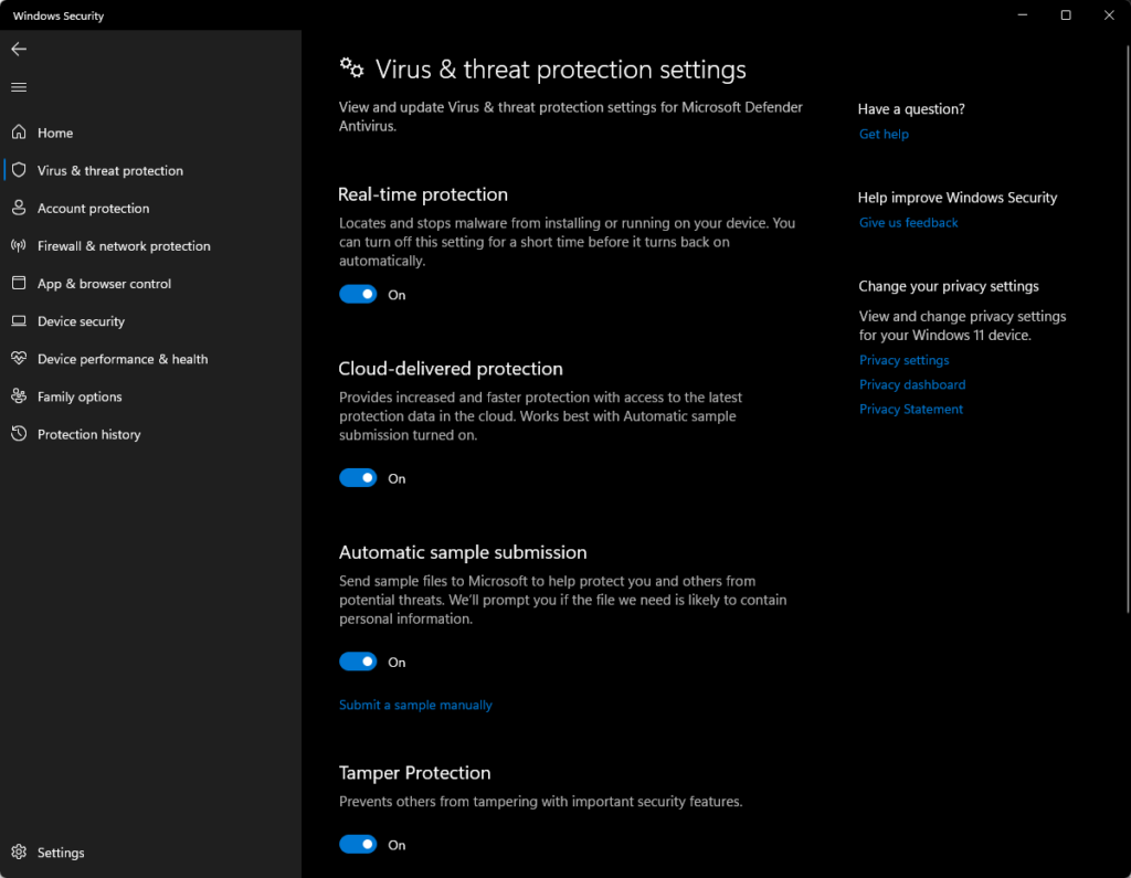 Virus and threat protection page on WIndows
