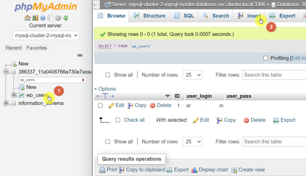 Find the wp users table and navigate to the insert tab