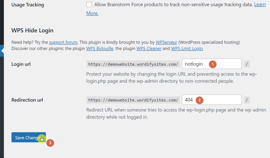 Enter your desired login URL extension and redirection URL and make sure to save the changes