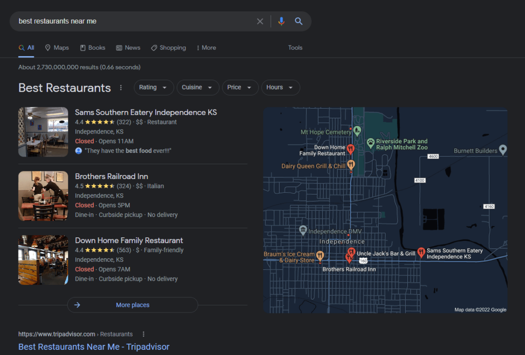 Searching for the best restaurants in Kansas