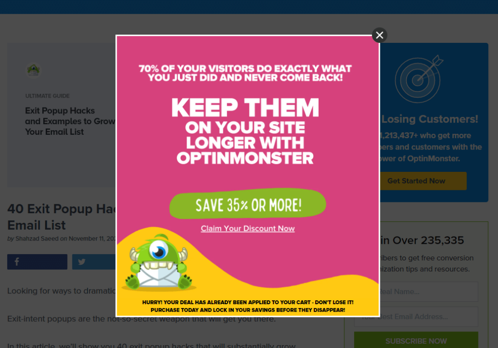 Exit popup on OptinMonster
