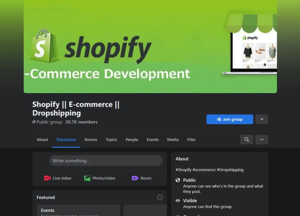 A sample Facebook group for Shopify ecommerce players