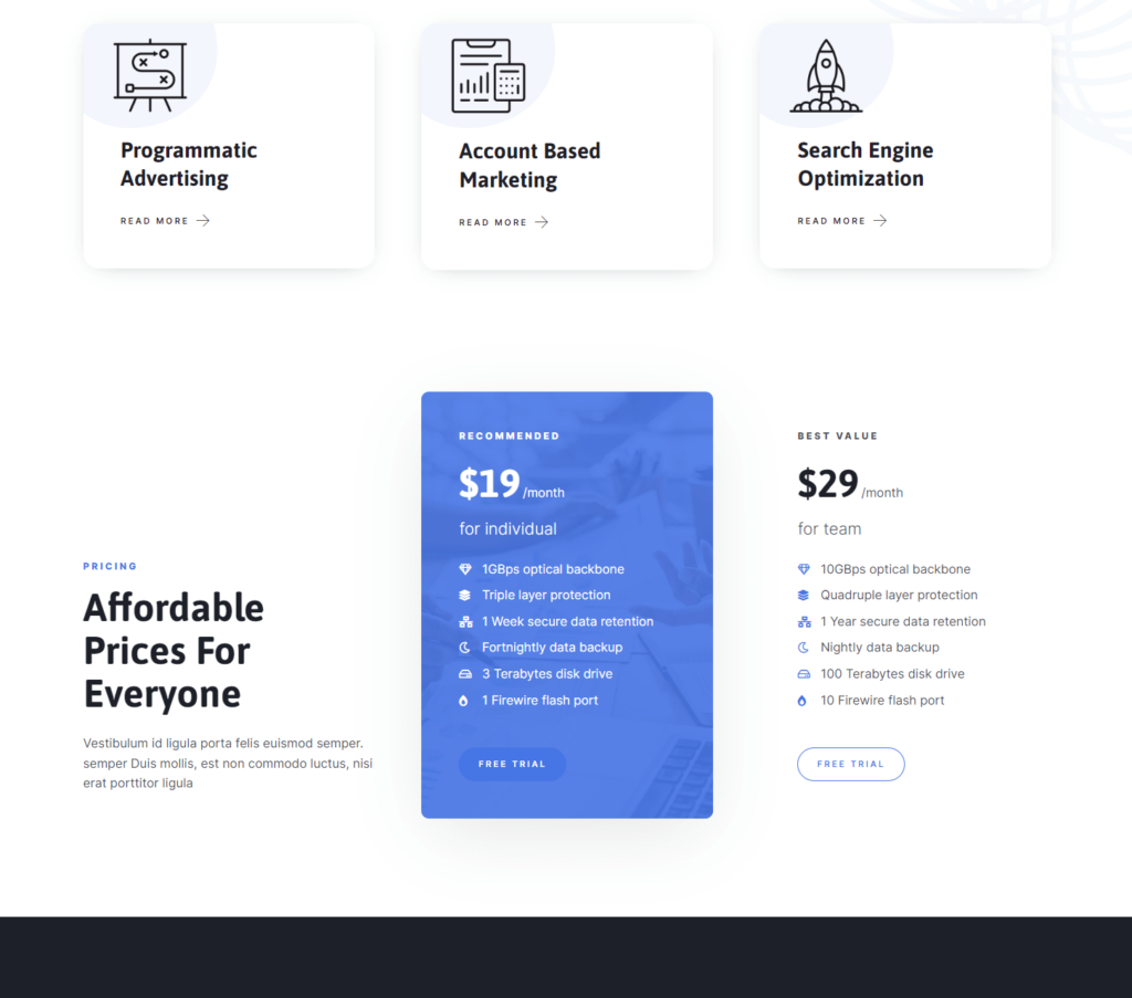 Services page of Alinea Elementor template kit