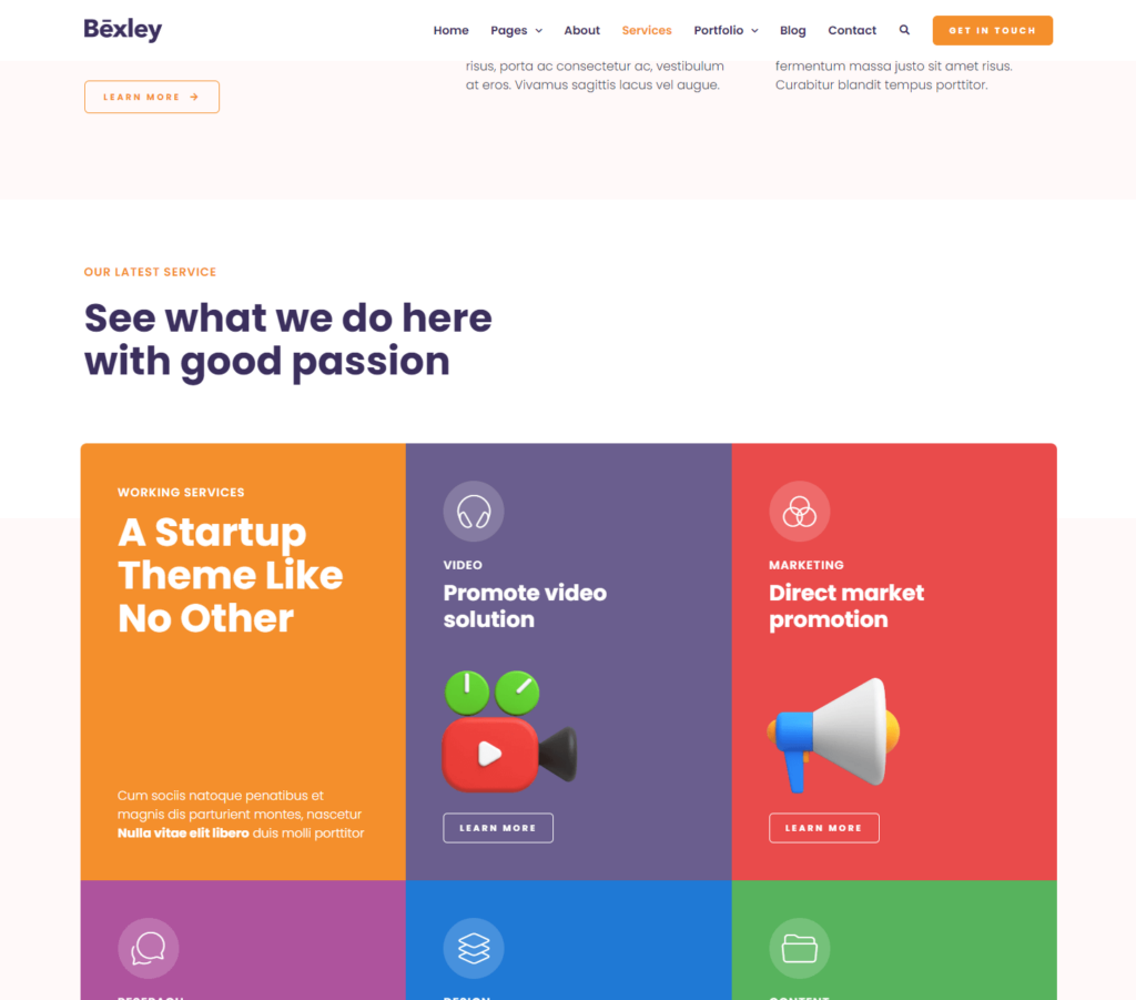 Services page of Bexley Elementor template kit
