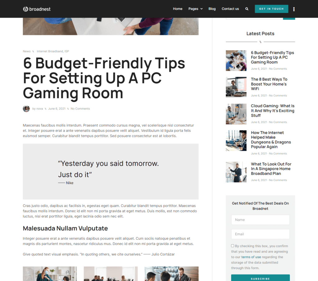 Blog post page of Broadnest Elementor template kit