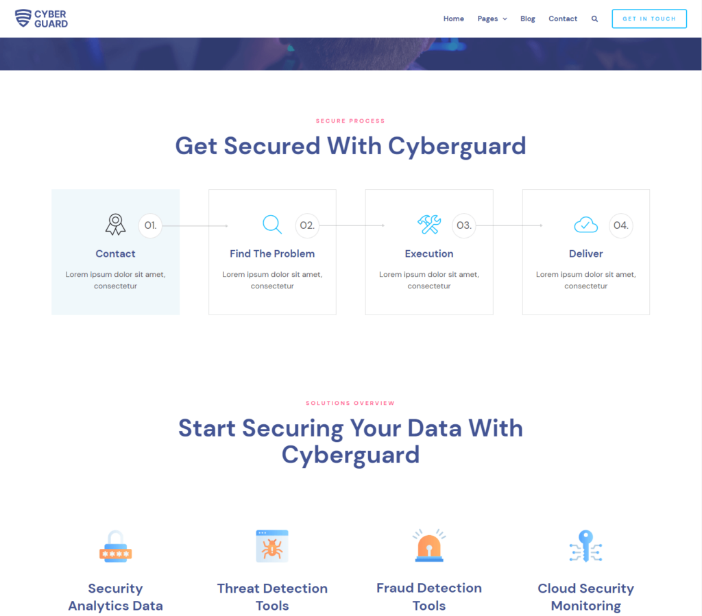 Process page of Cyberguard Elementor template kit