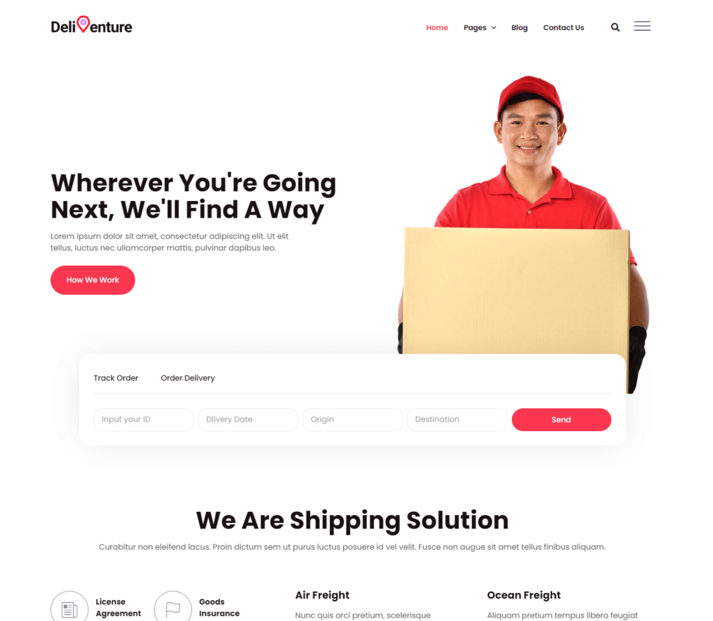 Homepage of Deliventure Elementor template kit