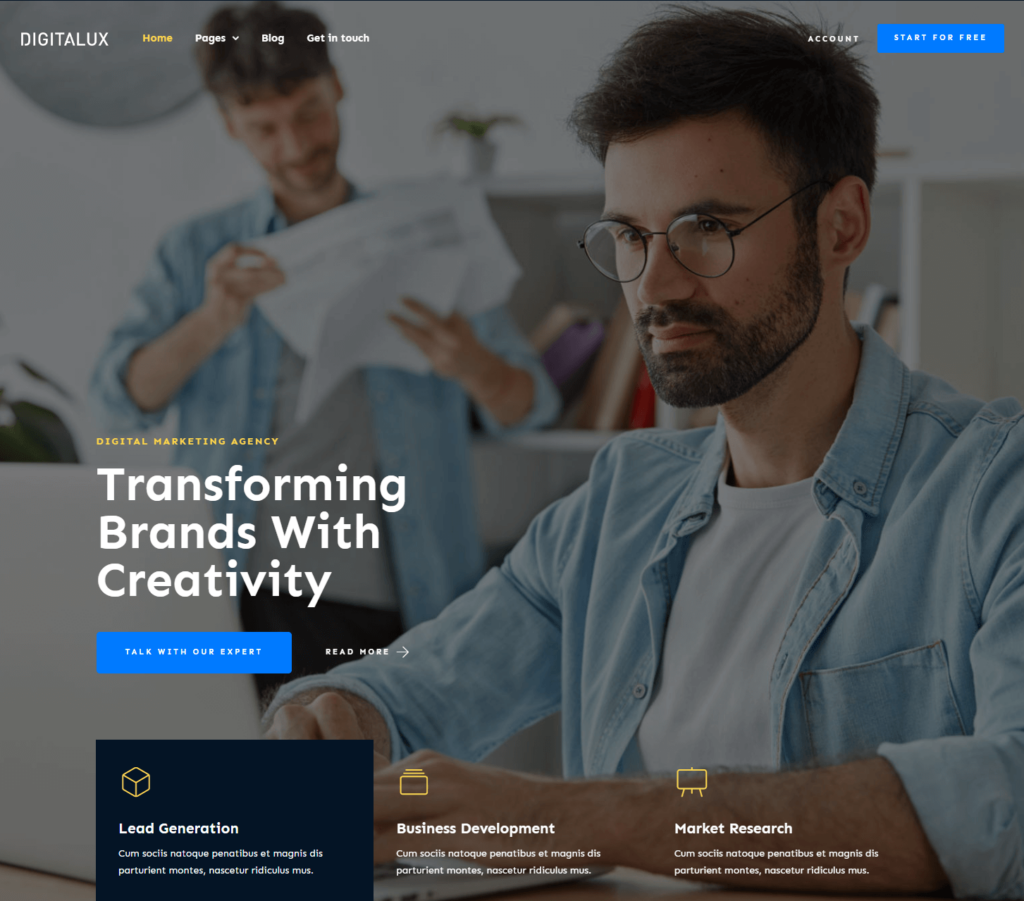 Homepage of Digitalux Elementor template kit