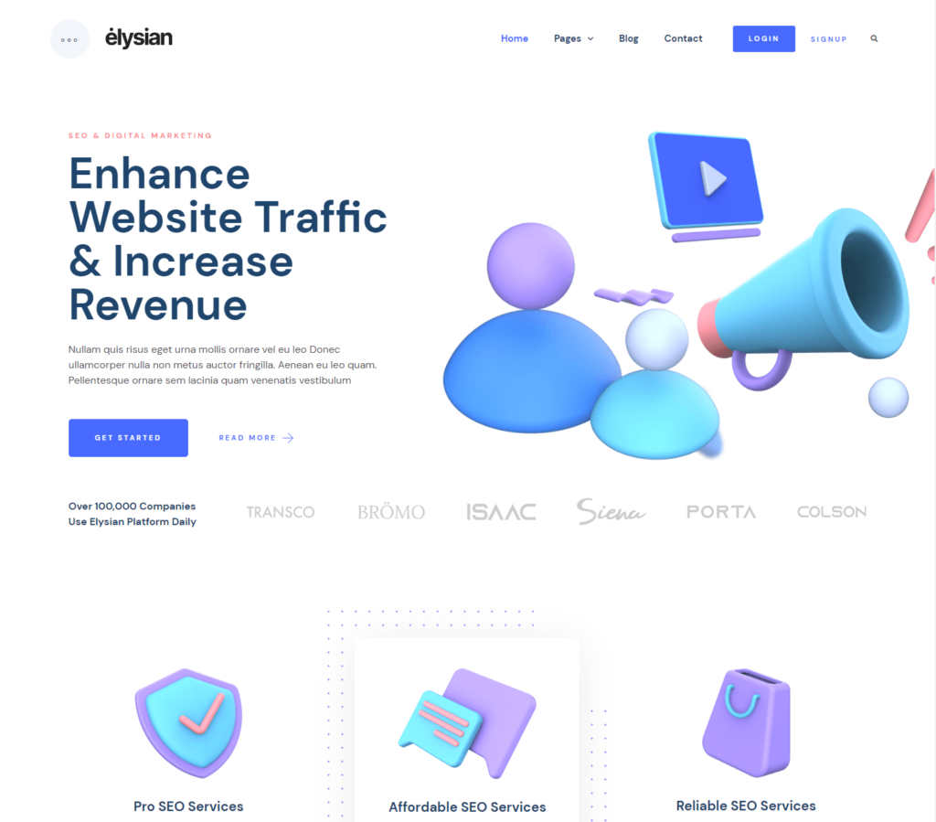 Homepage of Elysian Elementor template kit