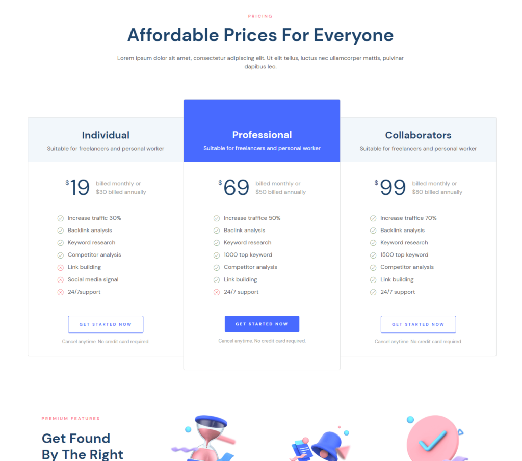Pricing page of Elysian Elementor template kit