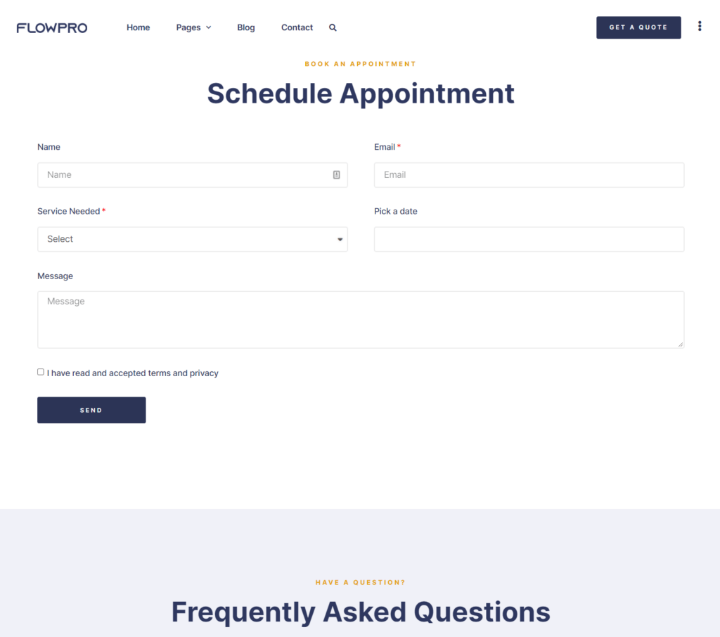 Booking page of FlowPro Elementor template kit