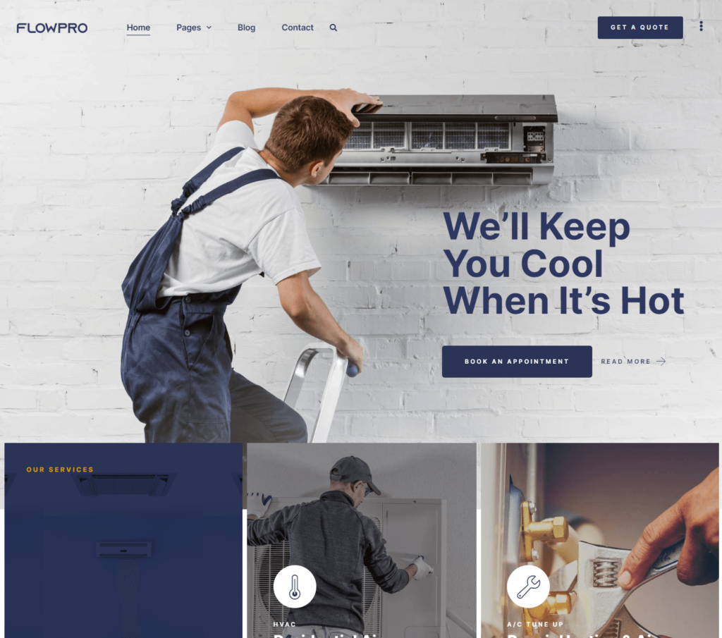Homepage of FlowPro Elementor template kit