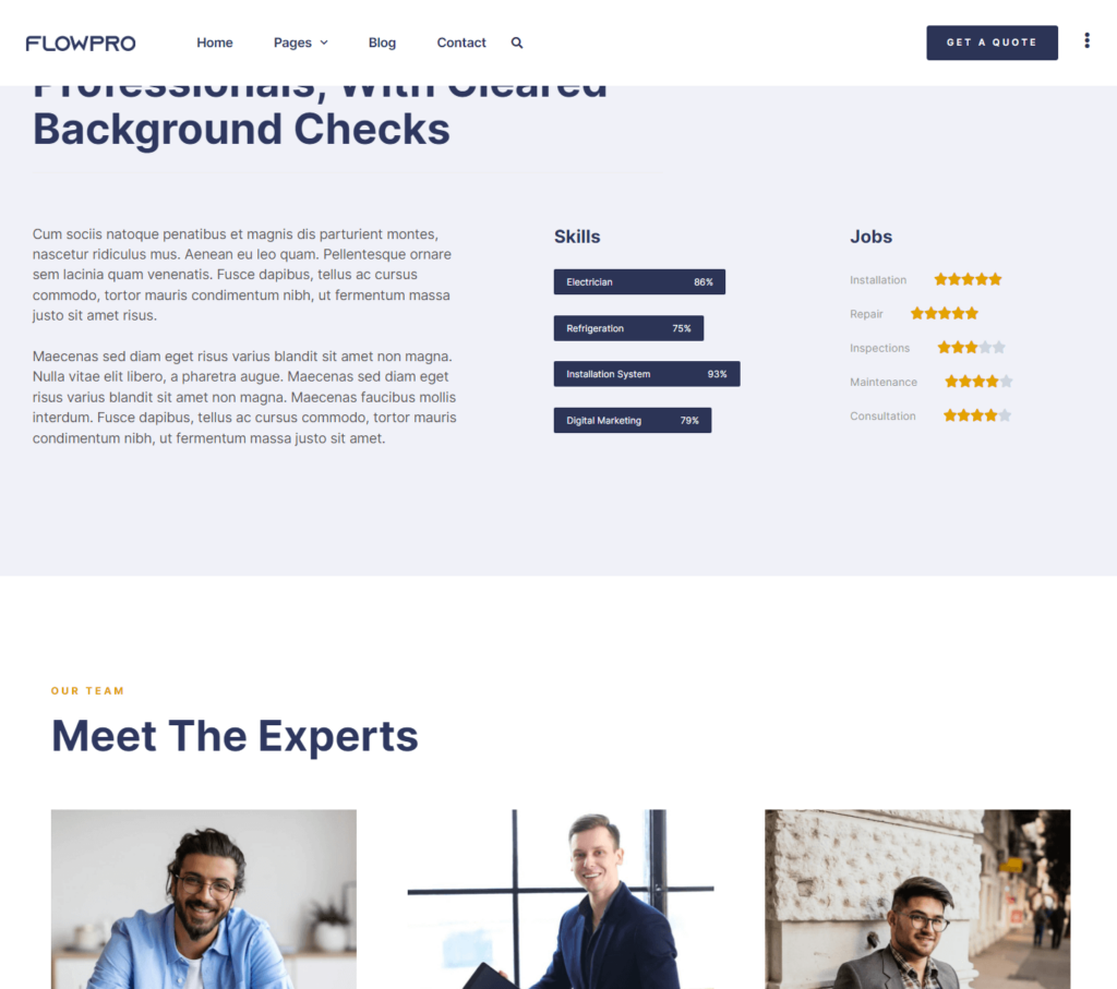 Team page of FlowPro Elementor template kit