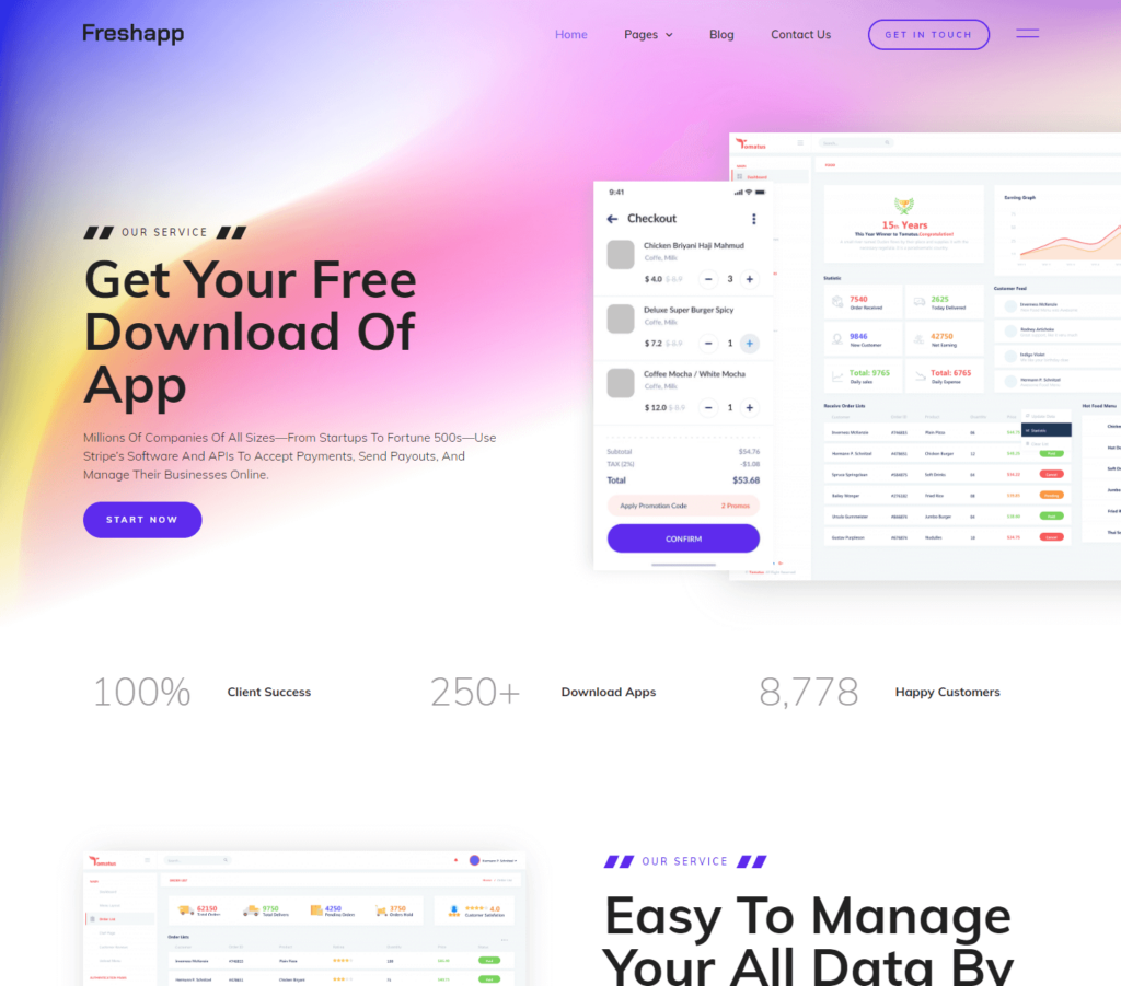 Homepage of FreshApp Elementor template kit