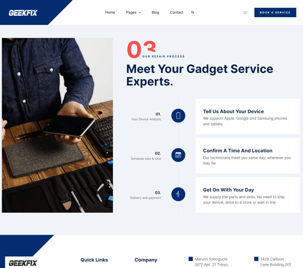 Book a service page of Geekfix Elementor template kit