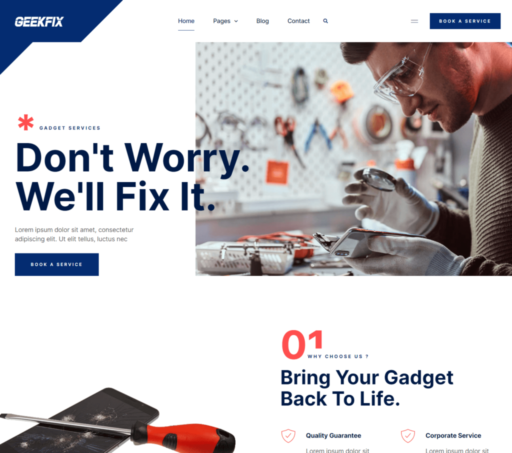 Homepage of Geekfix Elementor template kit