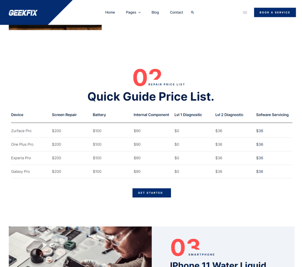Repair price list page of Geekfix Elementor template kit