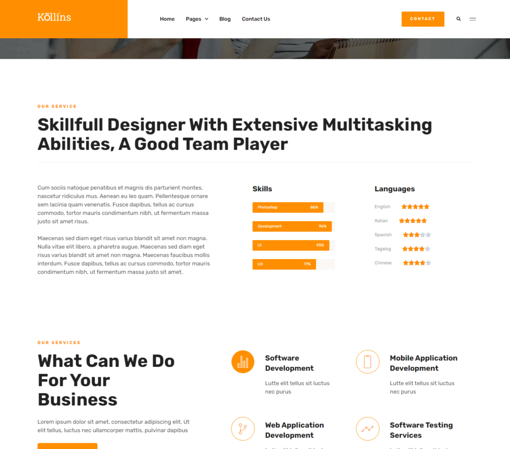 Services page of Kollins Elementor template kit
