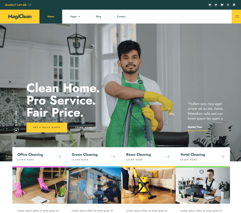Homepage of Magiclean Elementor template kit