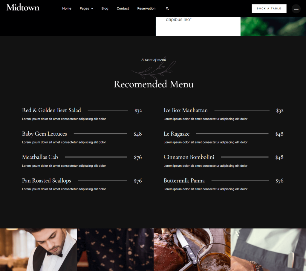 Menu page of Midtown Elementor template kit