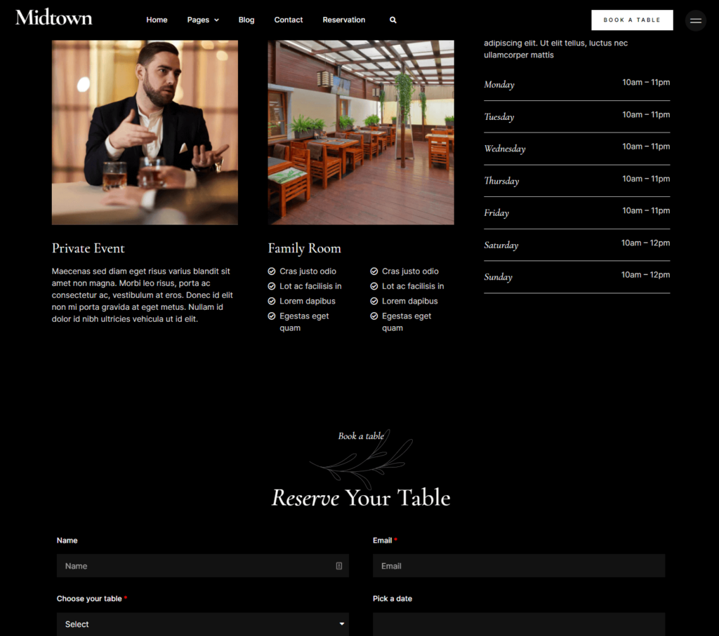 Reservation page of Midtown Elementor template kit