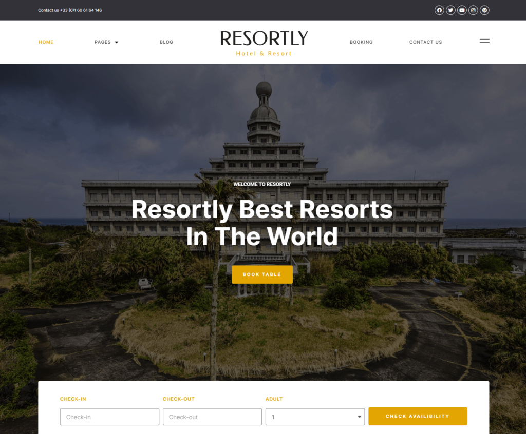 Homepage of Resortly Elementor template kit