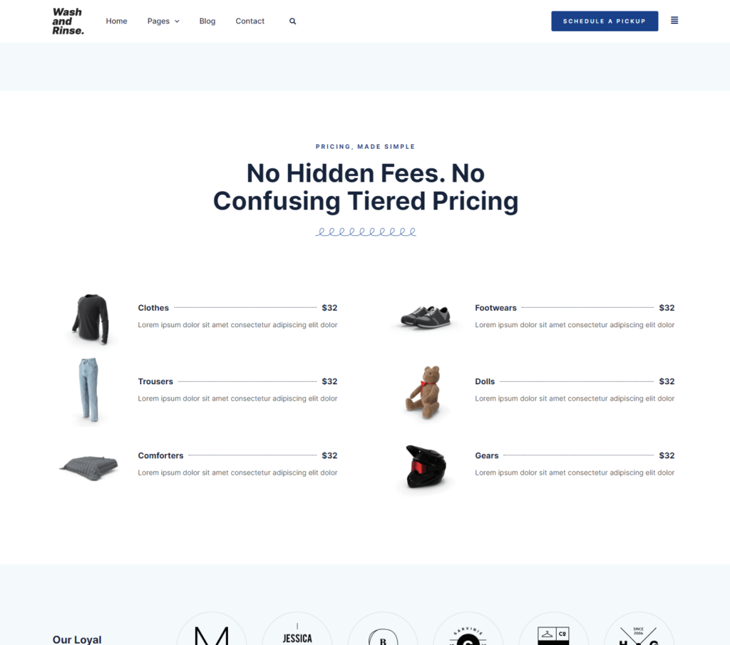 Pricing page of Wash and Rinse Elementor template kit