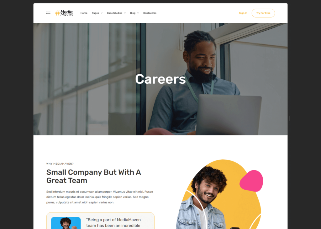 the careers page of media maven elementor template kit