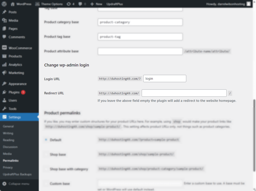settings for changing the wp-admin login