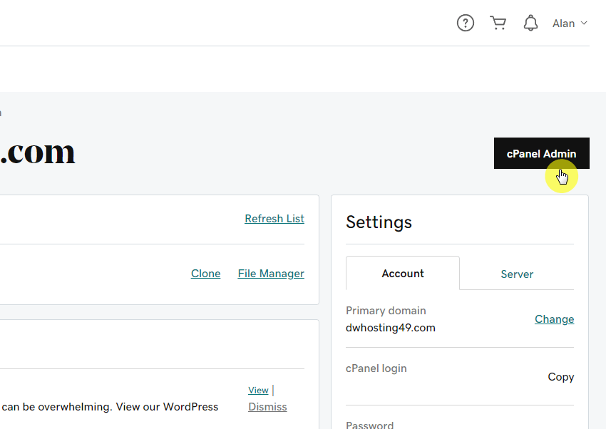 a button that will take you to the cpanel