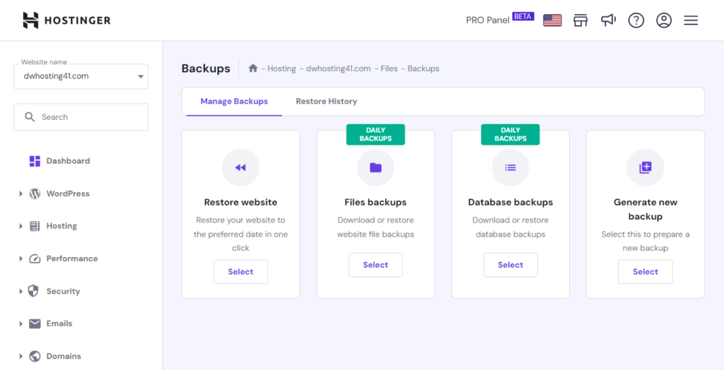 backup features that hostinger offers