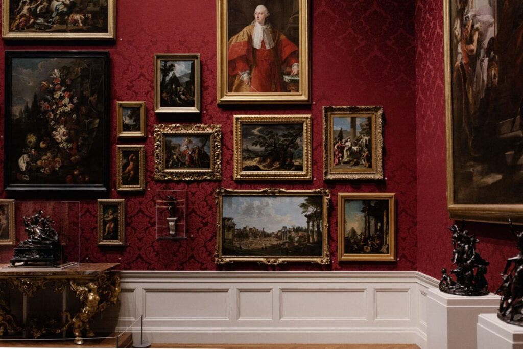 a stock image featuring paintings on a museum