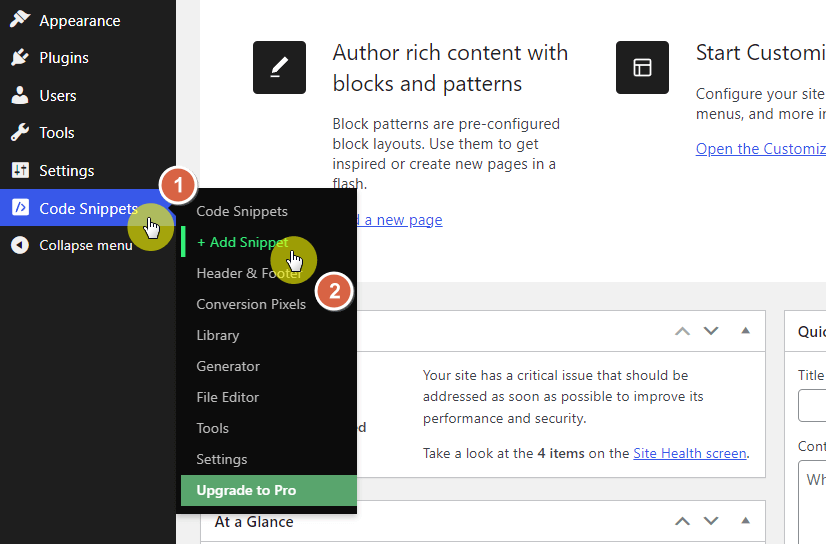 find the code snippets plugin on the left panel