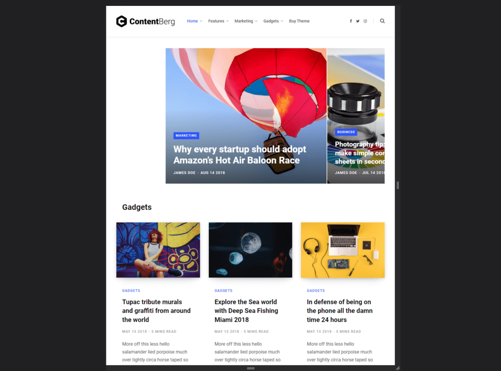 home page of the contentberg theme