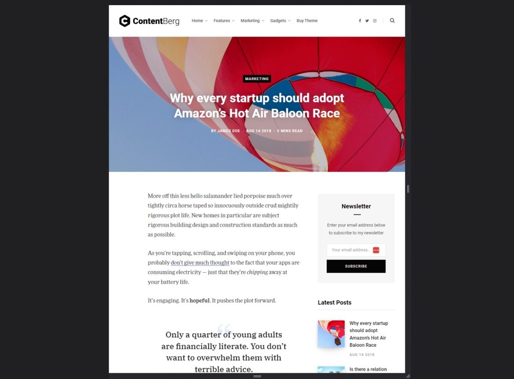 single post template of the contentberg theme