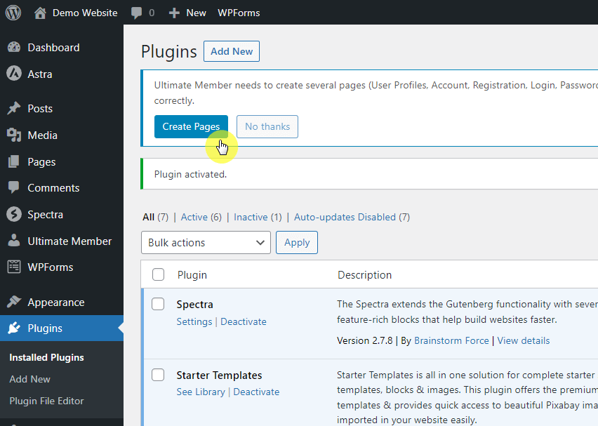 a notification from the plugin to create the core pages