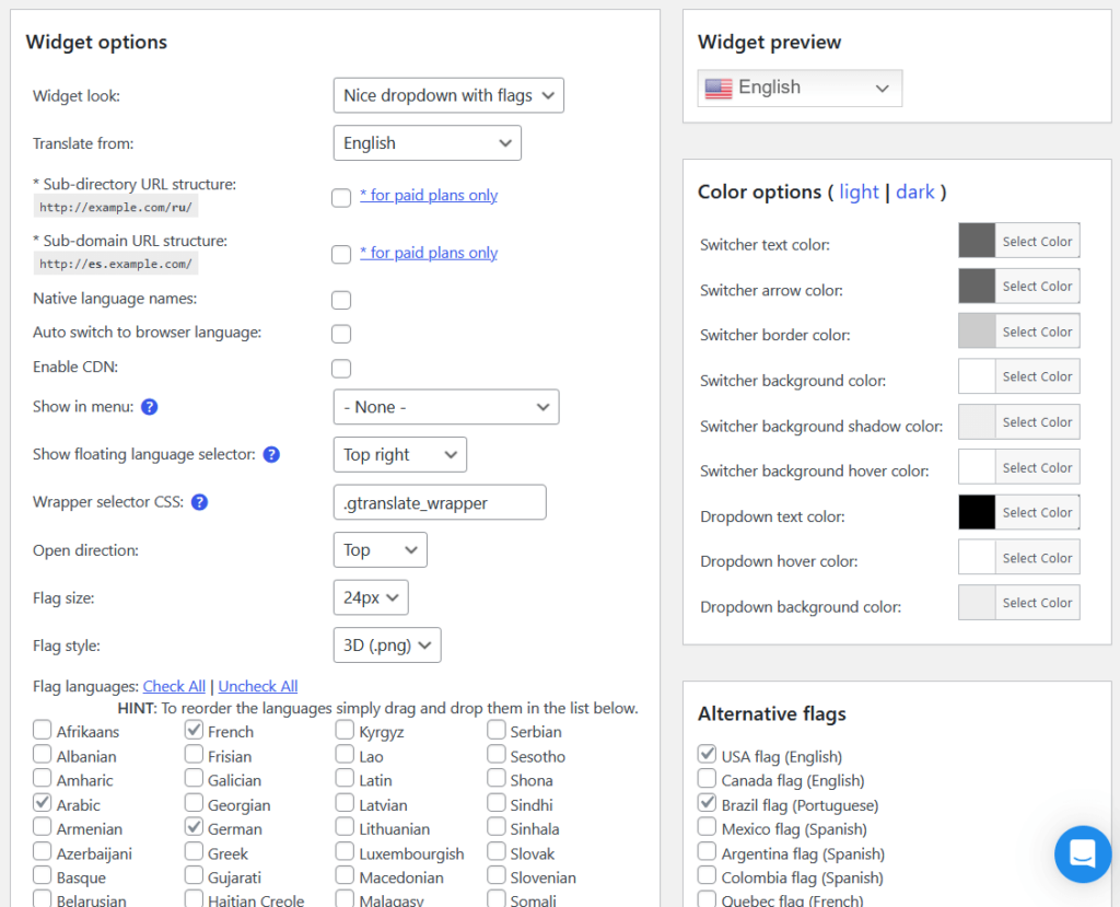 all the settings from gtranslate's free plan