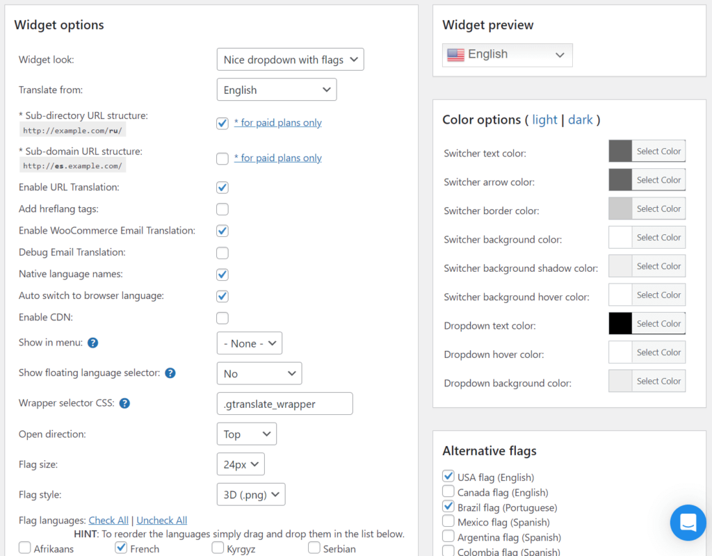 all the settings from a paid gtranslate's plan