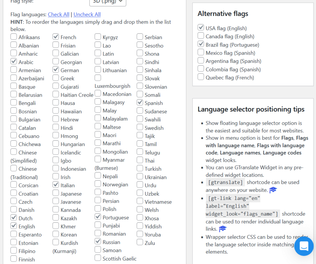 flag languages available in gtranslate