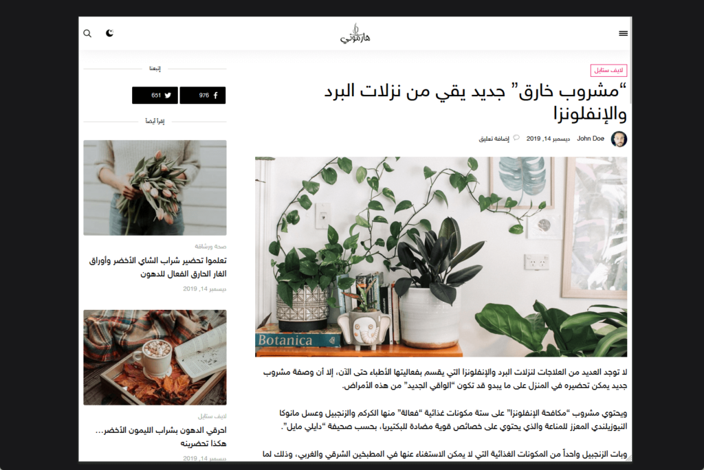 rtl blog post template of the harmuny theme