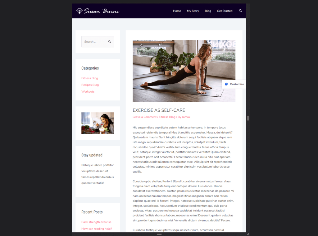 single post template of health coach starter website