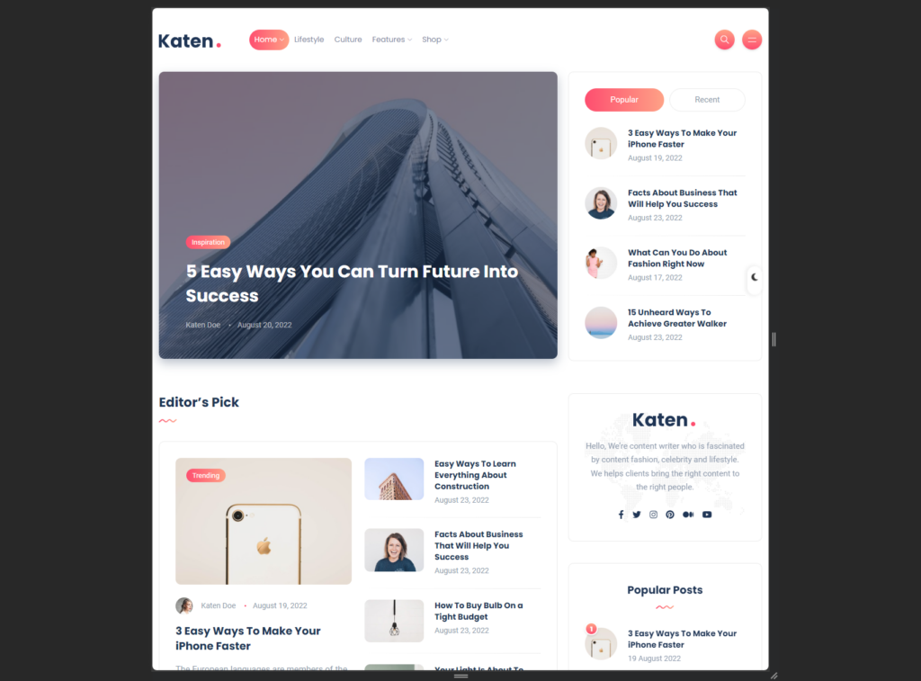 home page of the katen theme