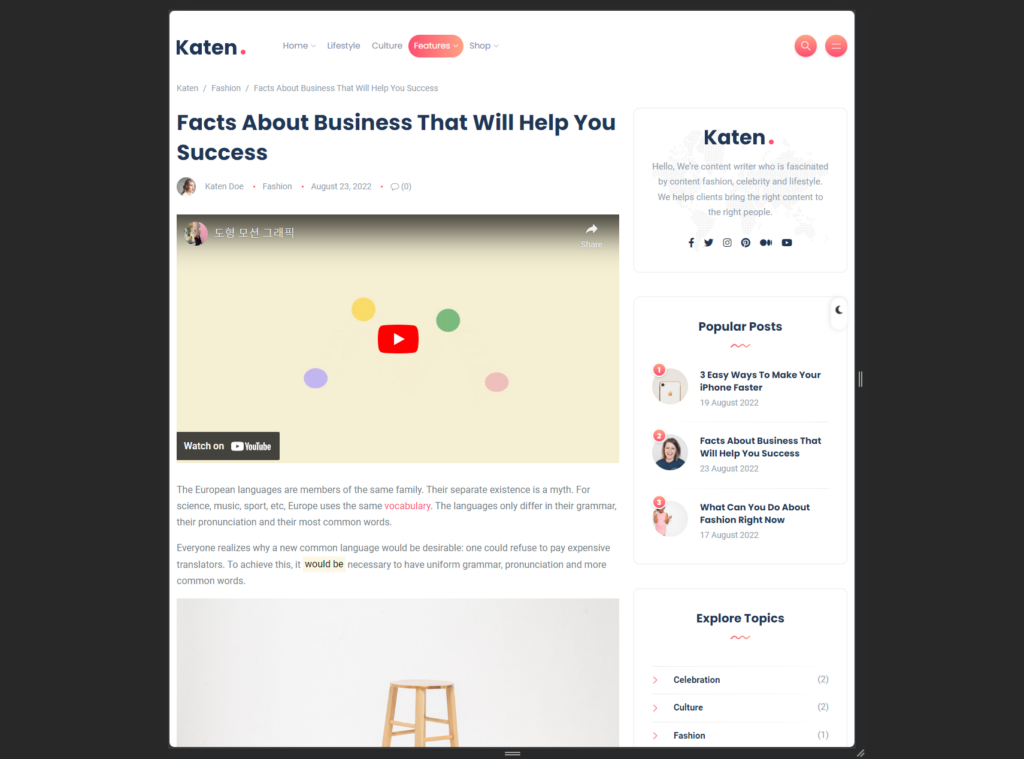 single post template of the katen theme