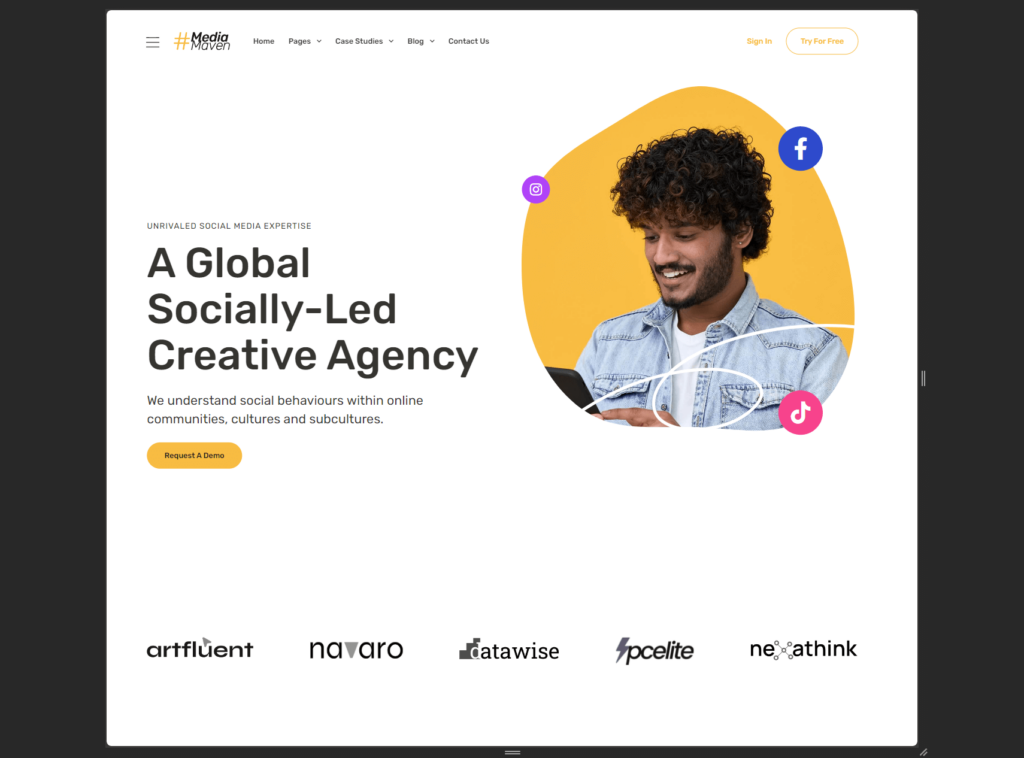 home page of the media maven elementor template kit