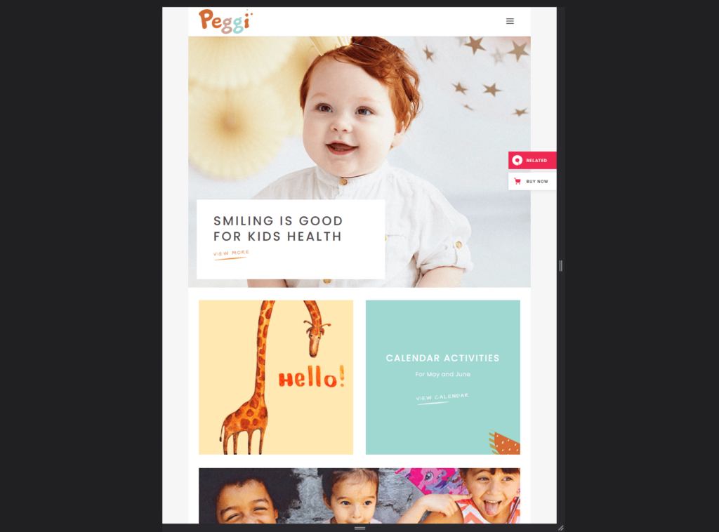 home page of the peggi theme