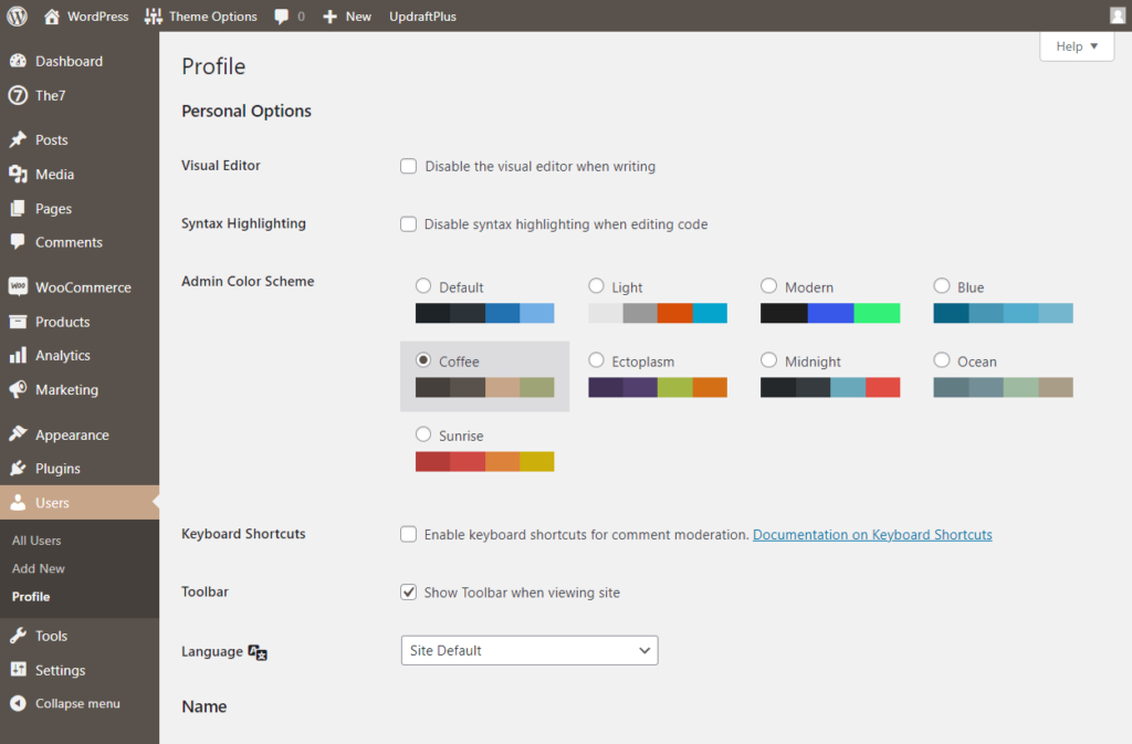 see all the personal options for your user profile