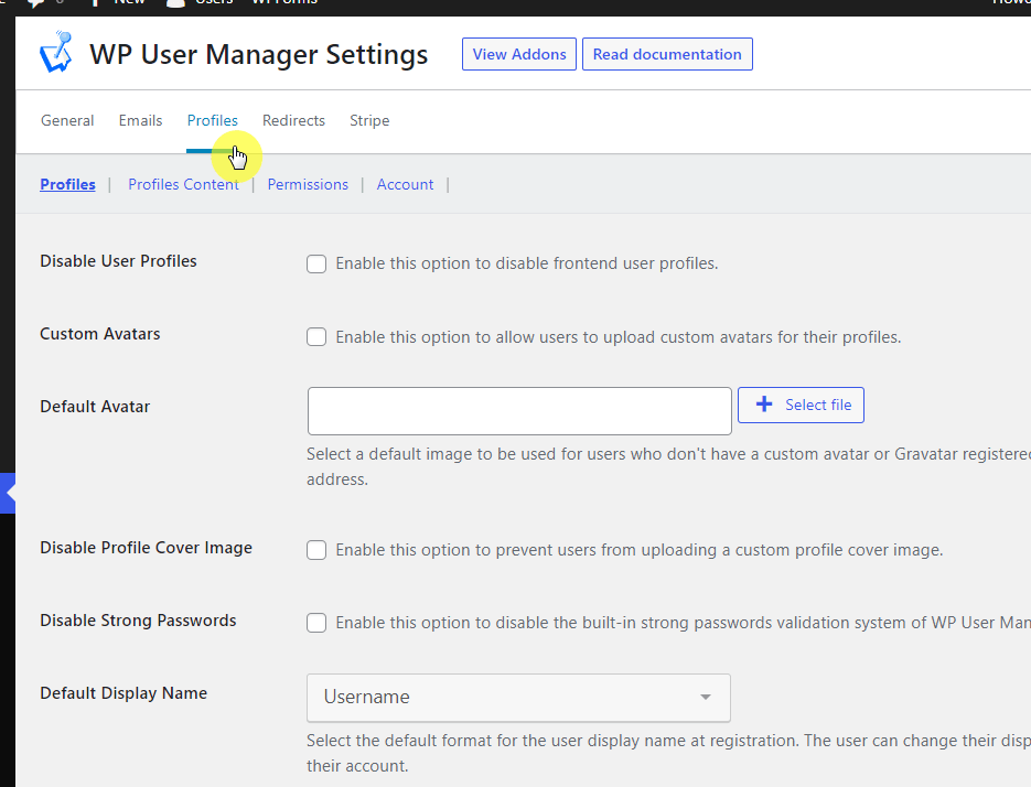 all the profile settings of the plugin are here