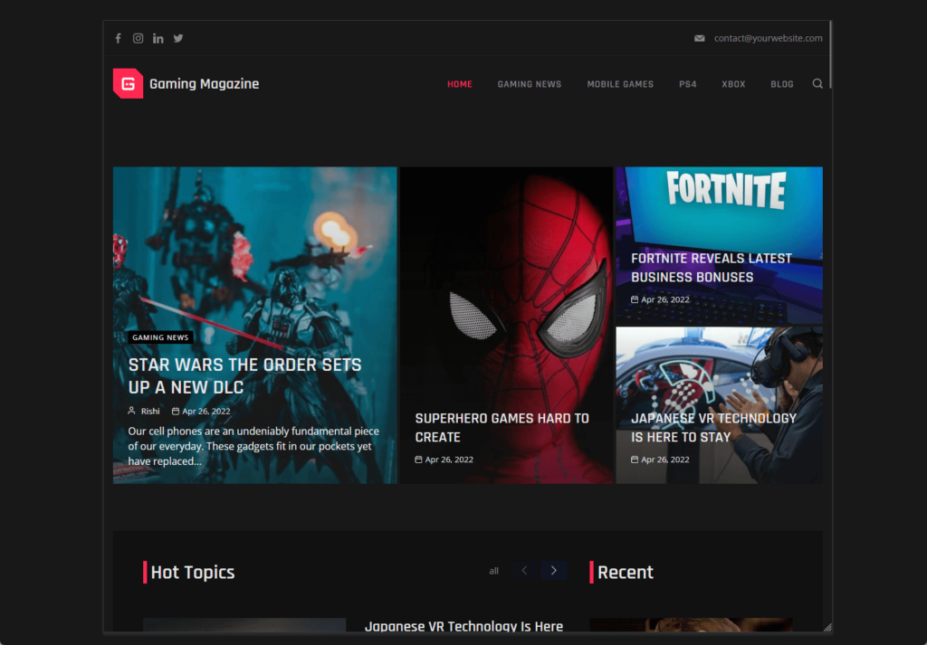 home page of rishi theme’s gaming magazine dark